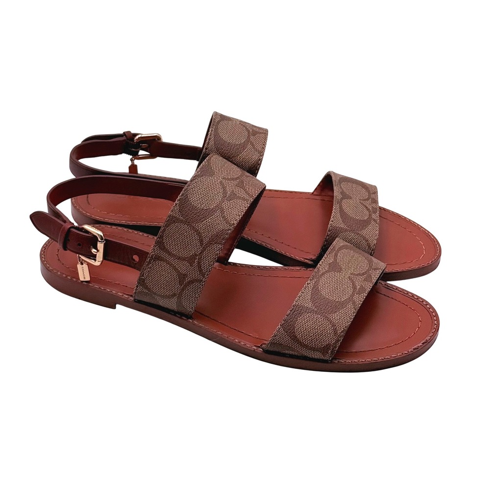 Coach Henny Sandals Women's Size 8.5B Brown Signature Jacquard Flat Sandals
